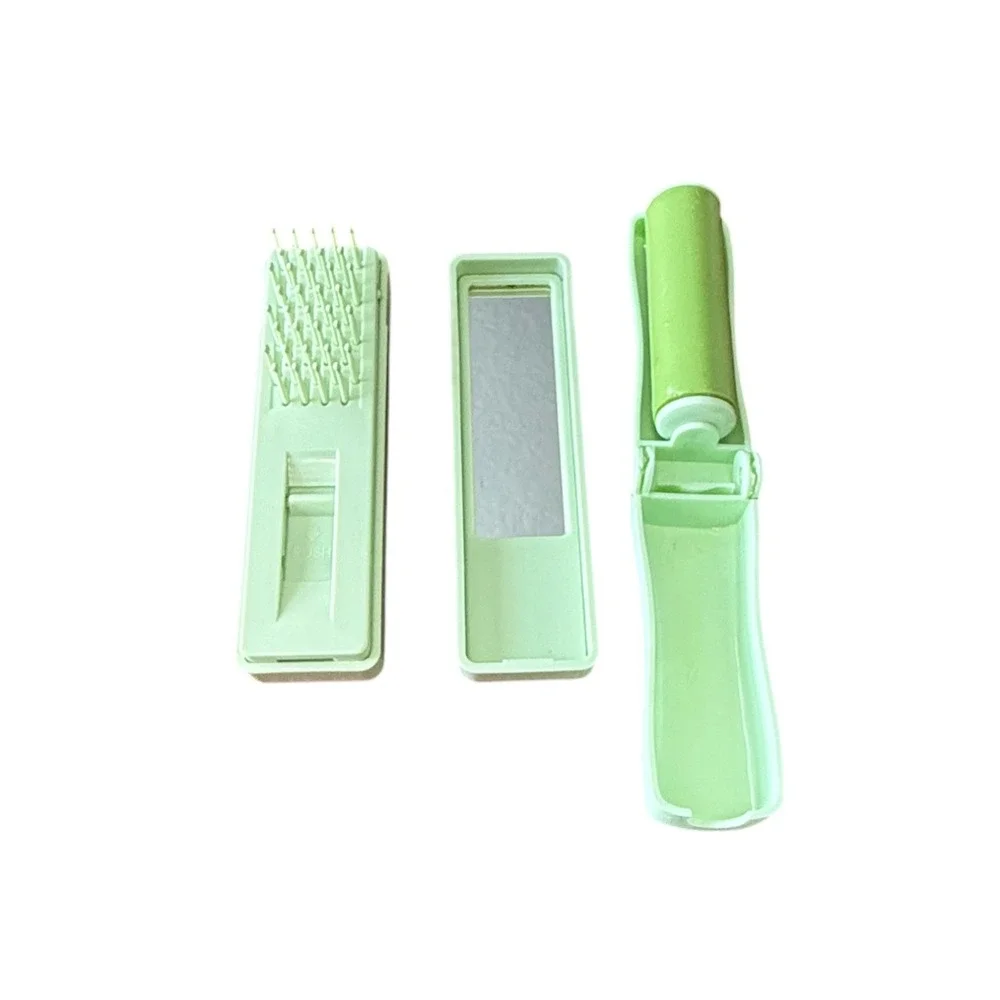 Vintage Push up brush, mirror & roller Set 1970s floral purse pocket collectible